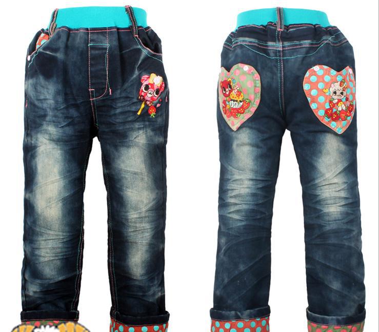 2013 winter kids jeans/ winter thicken girls jeans/ loving heart design girls jeans