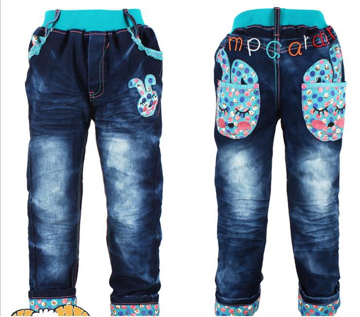 2013 winter kids jeans/ winter thicken girls jeans/ sleeping  bunny design girls jeans