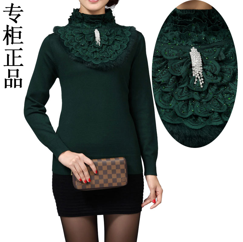 2013 winter lace rabbit fur turtleneck stand collar short design basic sweater female brooch sweater free shipping