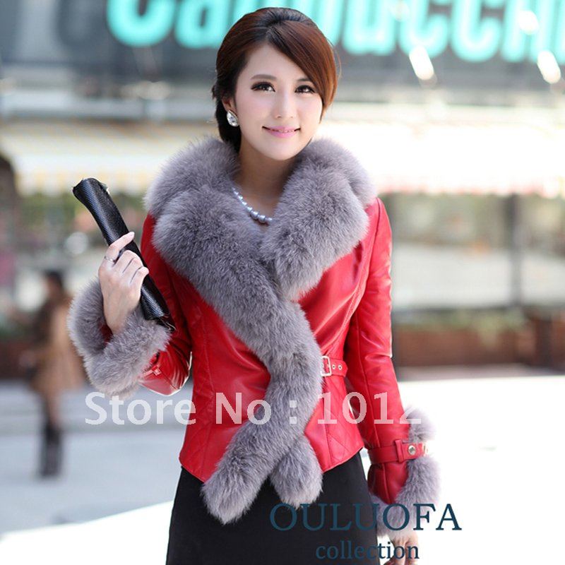 2013 winter ladies top quality sheepskin slim ultralarge fox fur genuine leather jacket  elegant fashion leather coat outerwear