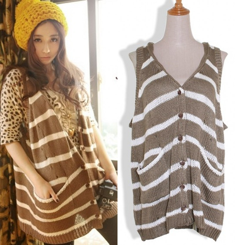2013 winter loose V-neck sweater vest thermal stripe knitted basic shirt sweater vest women sweater