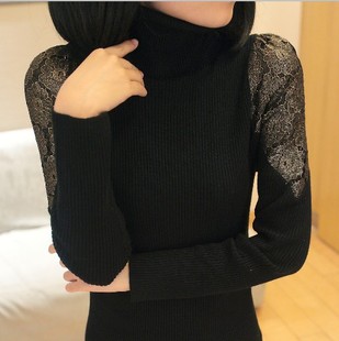 2013 winter new arrival lace sleeve turtleneck solid color medium-long slim basic shirt sweater female Free Shipping