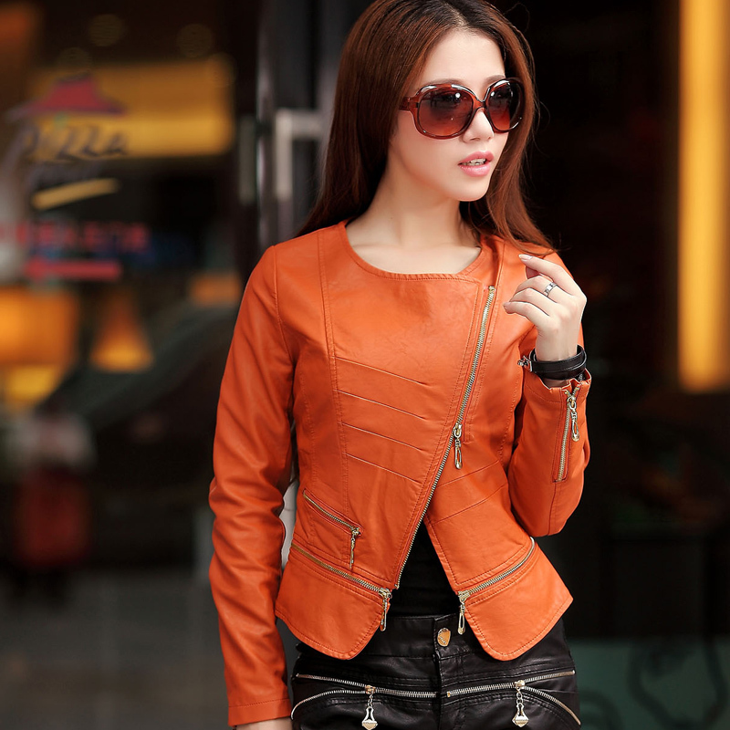 2013 winter new arrival small leather clothing women's short design water wash PU leather jacket o-neck slim outerwear