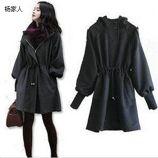 2013 winter plus size clothing loose with a hood drawstring slim women's trench thick woolen outerwear
