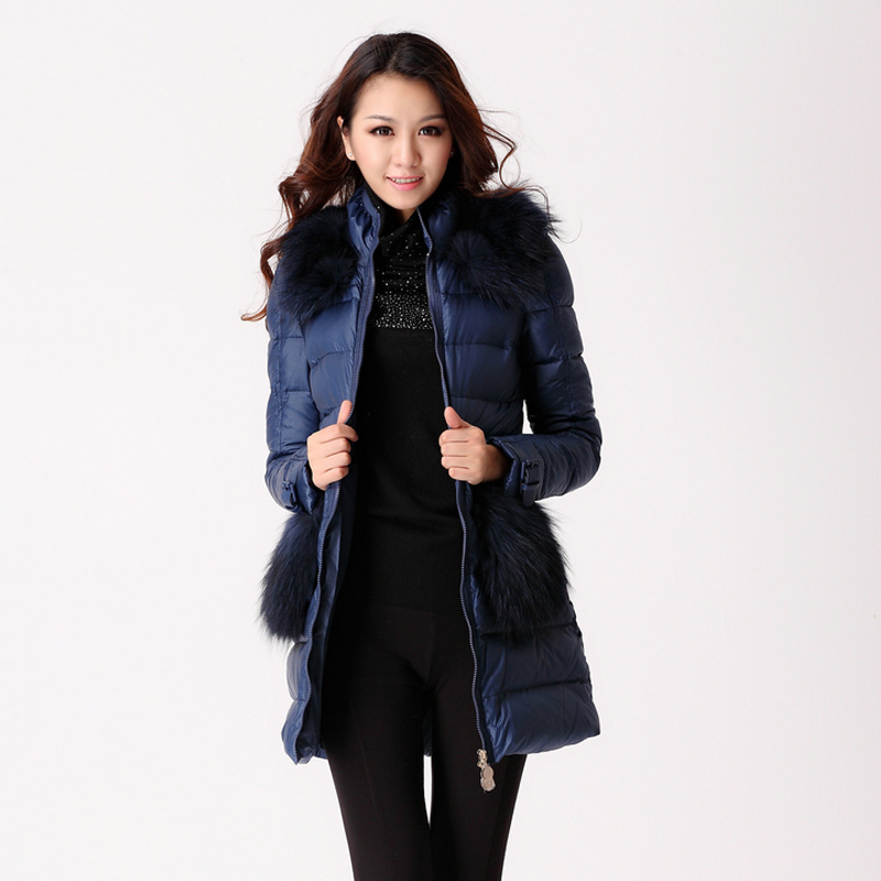 2013 winter raccoon fur slim trend hat long design long-sleeve women's down coat free shipping
