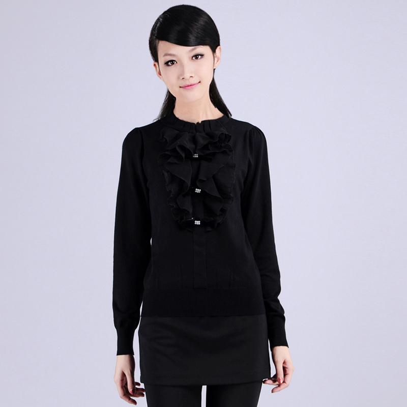2013 winter shirt slim o-neck long-sleeve fashion plus velvet thickening lace black basic shirt female