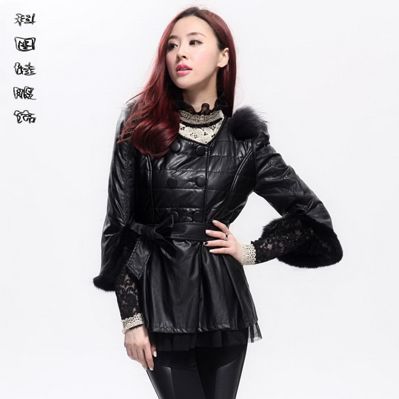 2013 winter slim double breasted bell bottom long-sleeve PU clothing outerwear 7833