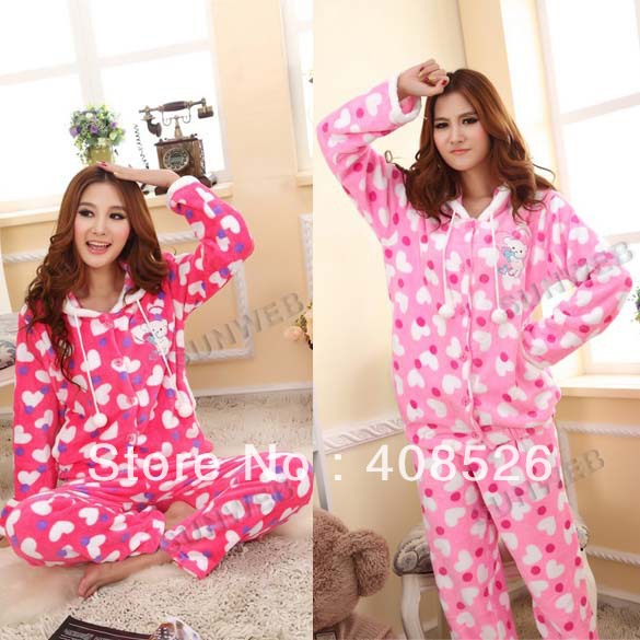 2013 Winter Thicken Warm Women's Pajamas Set Heart Coral Fleece Homewear free shipping 9279