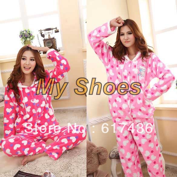 2013 Winter Thicken Warm Women's Pajamas Set Heart Coral Fleece Homewear free shipping 9279