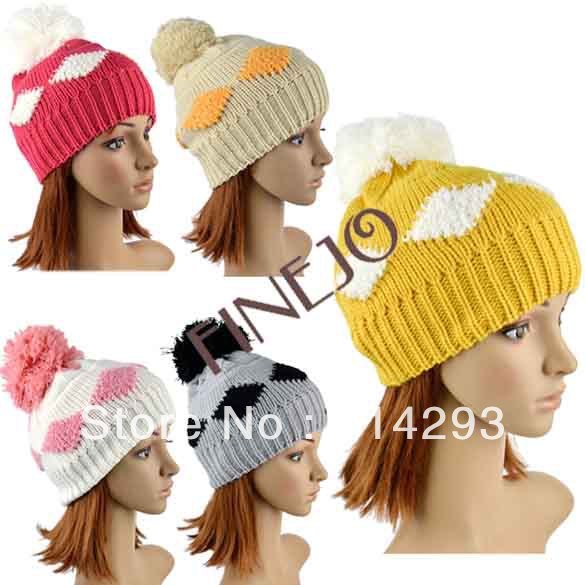 2013 Winter Warm Women's Diamond Grid Pattern Hats Knitting Beanie Hat Cap free shipping 9534