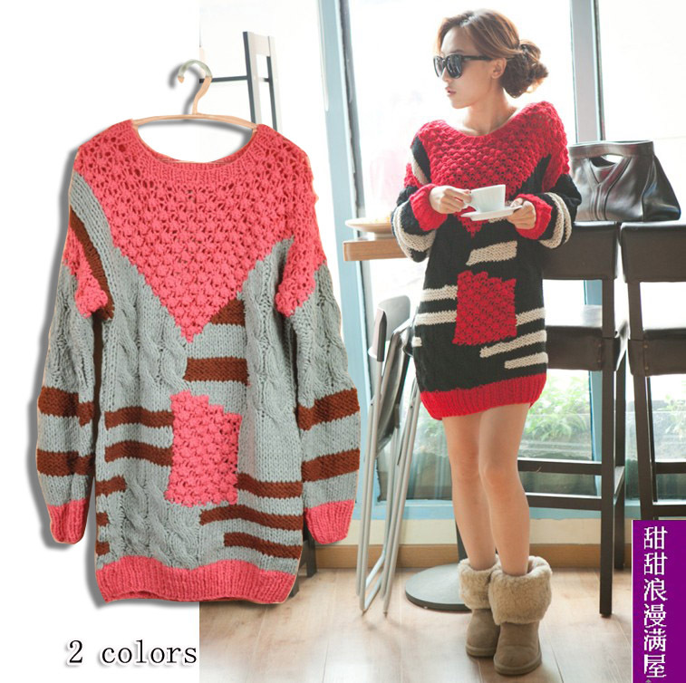 2013 winter women's 836702 casual all-match color block long design large loose pullover sweater outerwear