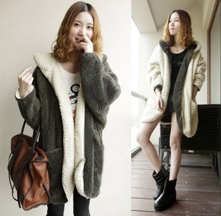 2013 winter women's reversible with a hood berber fleece thickening thermal trench outerwear