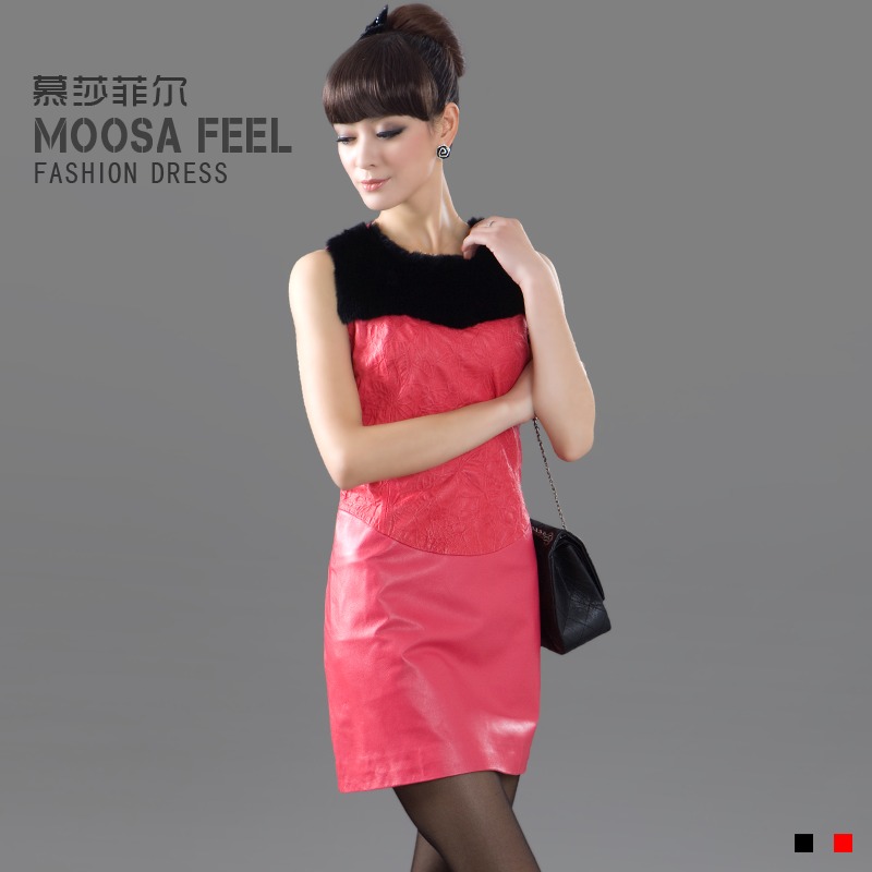2013 winter women's rex rabbit velvet genuine leather one-piece dress tank dress fashion slim leather skirt