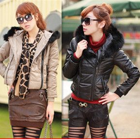 2013 Winter women's with a hood thick cotton-padded jacket gentlewomen leather wadded jacket slim short jacket b19411
