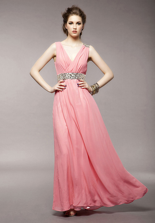 2013 Woman Floor-Length V-Neck Sleeveless Long Dresses  Cute Chiffon White and Pink Mosaic glass Fashion  Beading Dresses