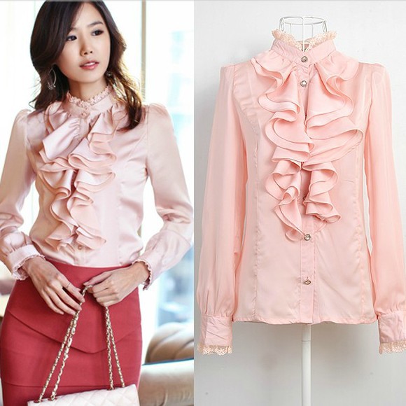 2013 women autumn lace collar ruffles formal shirt OL fashion long sleeve shirts blouses W2394 Size M-L 2 COLORS