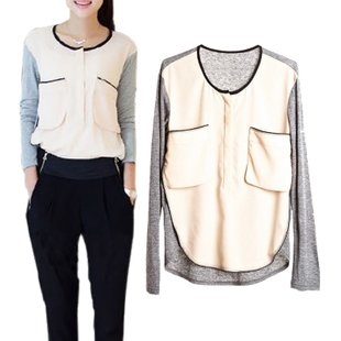 2013 women blouse casual Knitwear splicing clothes big pocket Ladies' Cotton Shirt Free Shipping Vintage tops knitted sweater