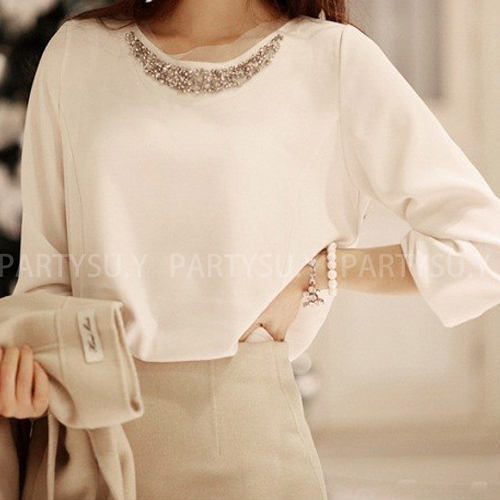 2013 women blouses and tops chiffon for women Sweet beading slim all-match lady shirt