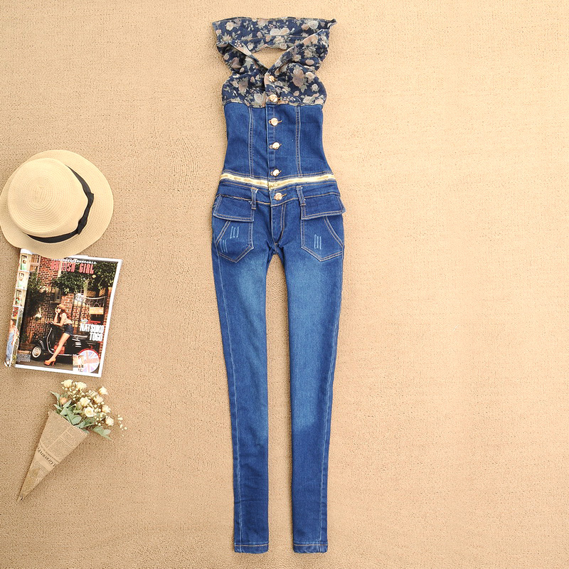 2013 Women Demin Romper Halter-neck Color Block Decoration Denim Jumpsuit Free Shipping tyf13031403