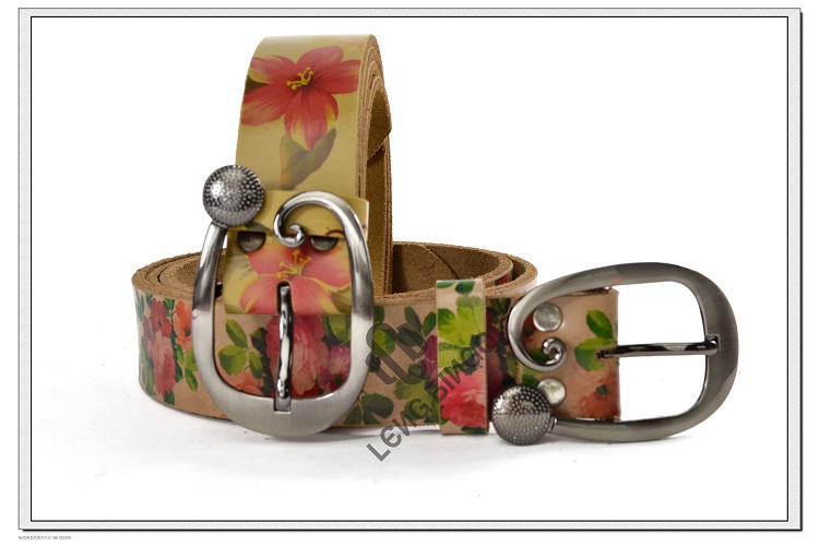 2013 Women designer belts, Rose printed REAL Geniune Leather  belt,  western jeams metal belt wholesale free shipping, 40% OFF
