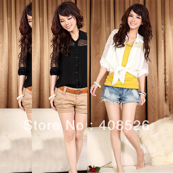 2013 Women Fashion See-through Button Down Batwing Sleeve Lace Chiffon Blouse Top Black White free shipping 9448