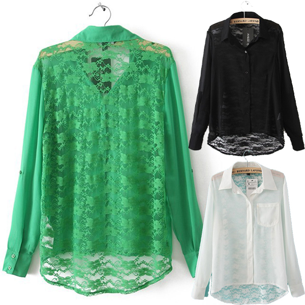 2013 Women New Solid Pockets Lace See-through Asymmetric Shirts Blouse S M L  # L034554