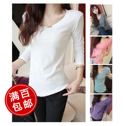 2013 Women o-neck autumn fashion color block leather patchwork long-sleeve knitted t-shirt solid color slim women's