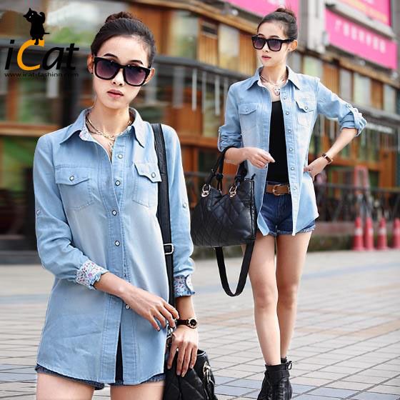 2013 women plus size casual turn-down collar long denim shirts