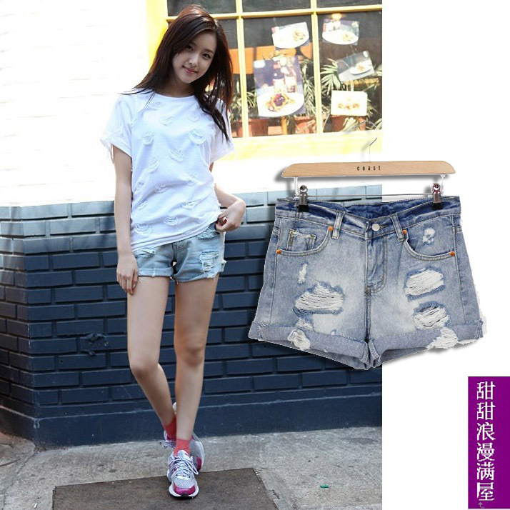2013 women's 372649 casual all-match light blue roll-up hem denim shorts