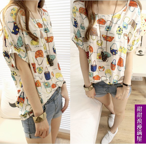 2013 women's 459311 casual all-match small fresh loose cartoon short-sleeve chiffon shirt