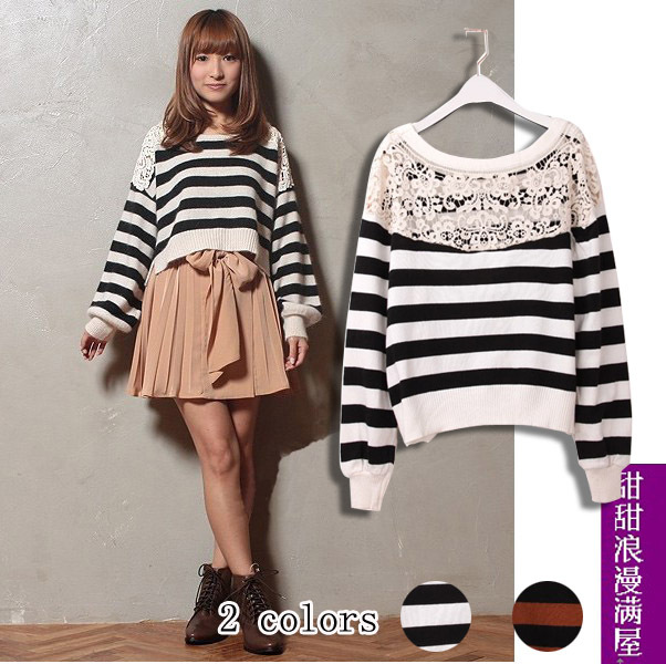 2013 women's 533221 casual all-match vivi lace crochet patchwork cutout stripe sweater