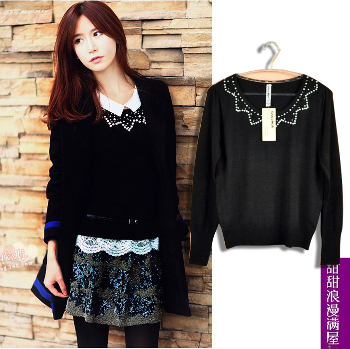 2013 women's 820802 sweet princess casual all-match neckline beading black sweater outerwear