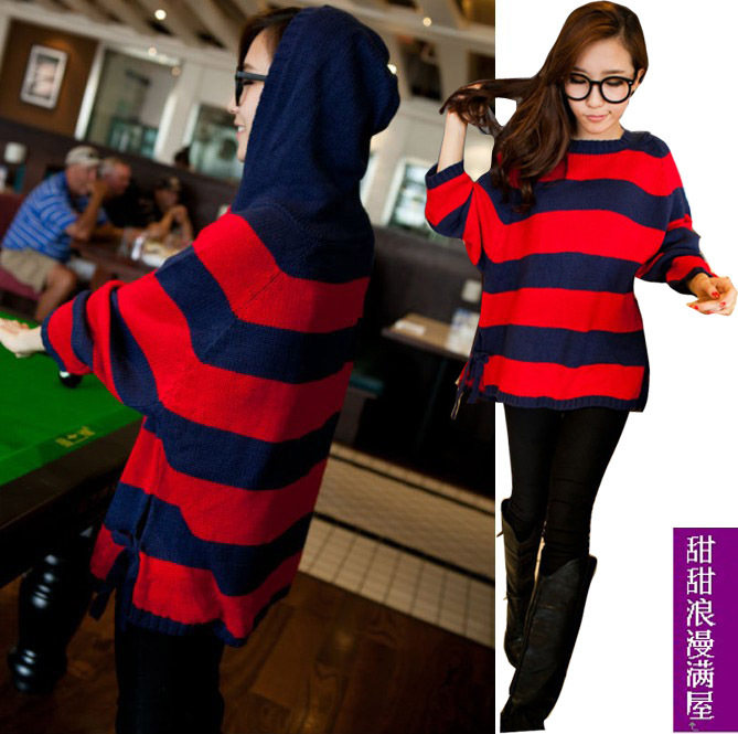 2013 women's 839001 casual all-match stripe loose batwing type with a hood strap sweater outerwear