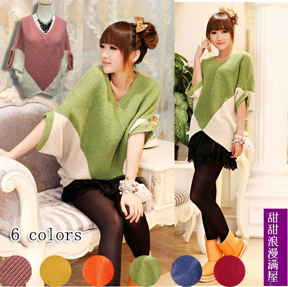 2013 women's 96013 backwa-rds and casual all-match loose batwing sleeve plus size sweater color block decoration outerwear