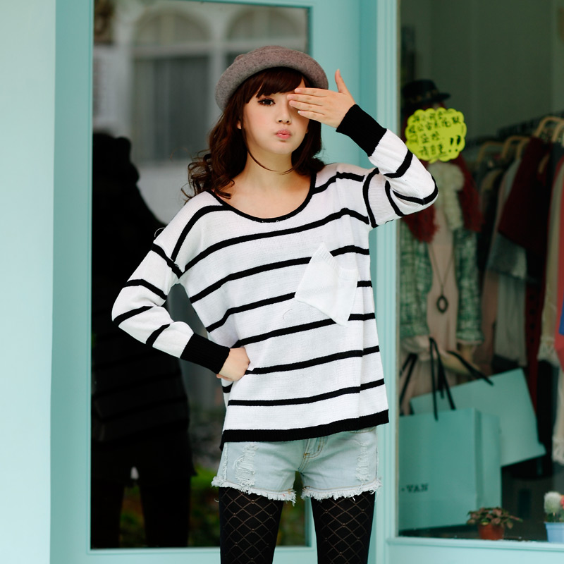 2013 women's all-match stripe casual sweater loose long-sleeve basic shirt outerwear Free Shipping