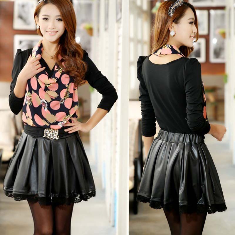 2013 women's AYILIAN sauteeded DUOYI fashion leather skirt school wear sweet long-sleeve dress