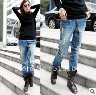 2013 Women's beggar pants hole denim jeans harem pants lowing trousers zipper blue free shipping