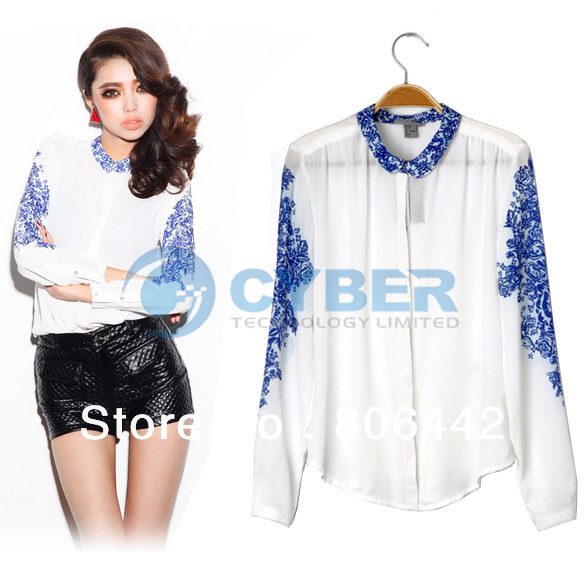 2013 Women's Chinese Style Blue And White Porcelain Vintage Print Chiffon Shirt Blouse Long Sleeve T-Shirt Free Shipping 11115