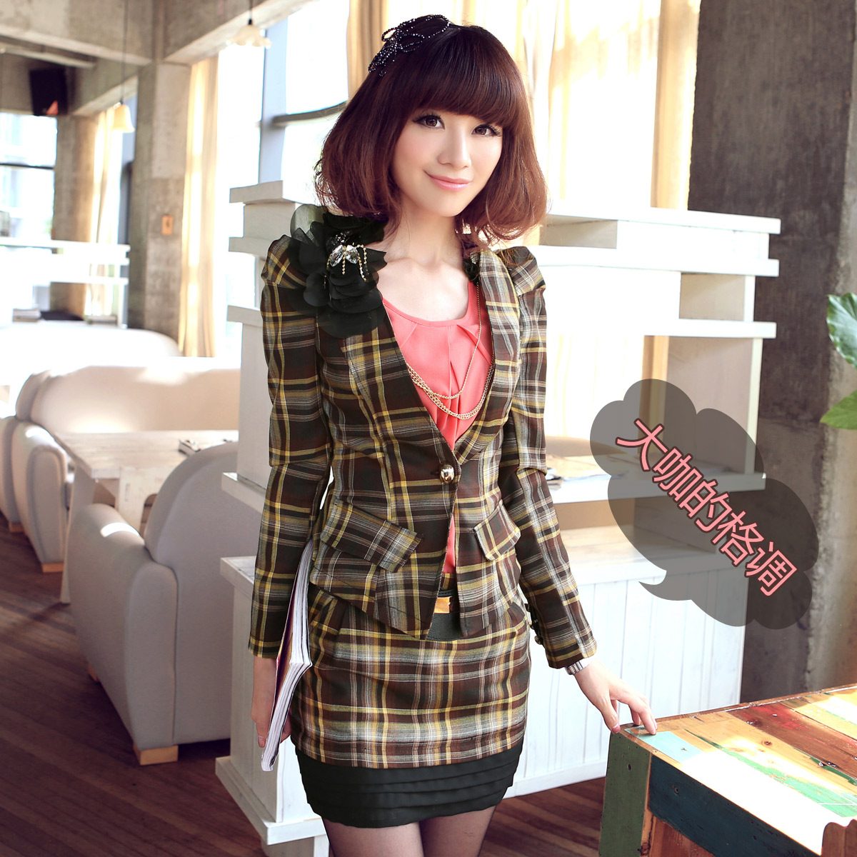 2013 women's classic fashion plaid 111 set twinset corsage belt l