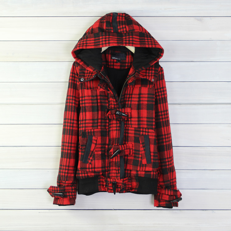 2013 women's color block decoration plaid slim thermal with a hood woolen wadded jacket cotton-padded jacket
