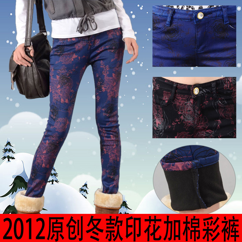 2013 women's cotton plus velvet print trousers jeans 3 colors WJ0256