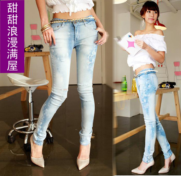 2013 women's d862 casual hole wearing white ultra elastic light blue denim pencil trousers