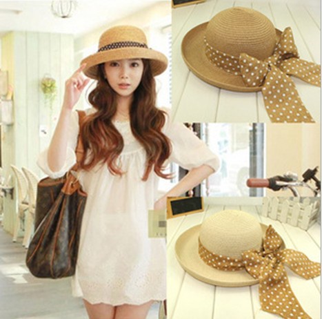 2013 Women's dot bowknot  fashion straw braid hat anti-uv sunbonnet sun hat bucket hat free shipping