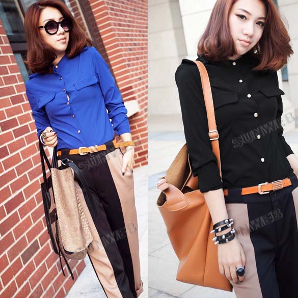 2013 Women's Elegant Casual Stand Collar Long Sleeves Shirts Tops Chiffon Blouse 2 Colors Black Free shipping 9621