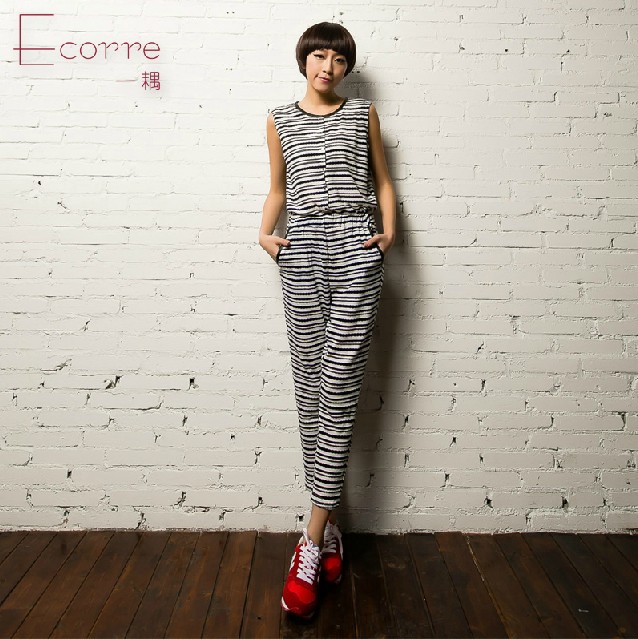 2013 women's England style  Letter Splicing O-neck  Hollow out Striped Jumpsuits 325931