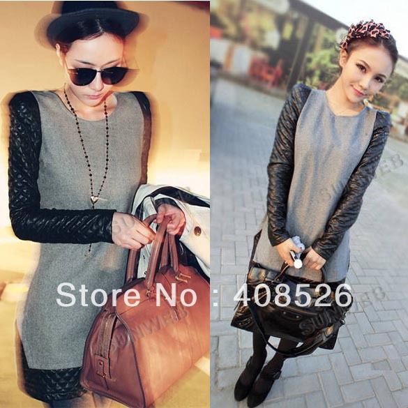 2013 Women's fashion autumn winter black leather sleeve all-match slim patchwork Long Sleeve Dress free shipping 8780
