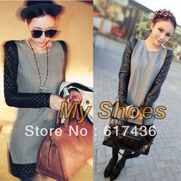 2013 Women's fashion autumn winter black leather sleeve all-match slim patchwork Long Sleeve Dress free shipping 8780