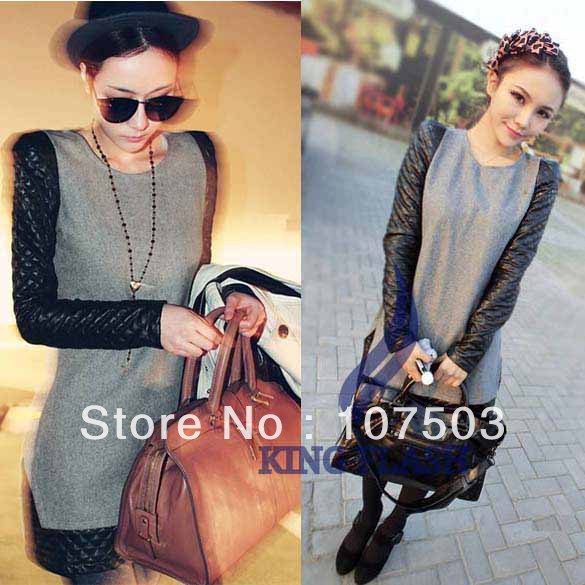 2013 Women's fashion autumn winter black leather sleeve all-match slim patchwork Long Sleeve Dress free shipping 8780