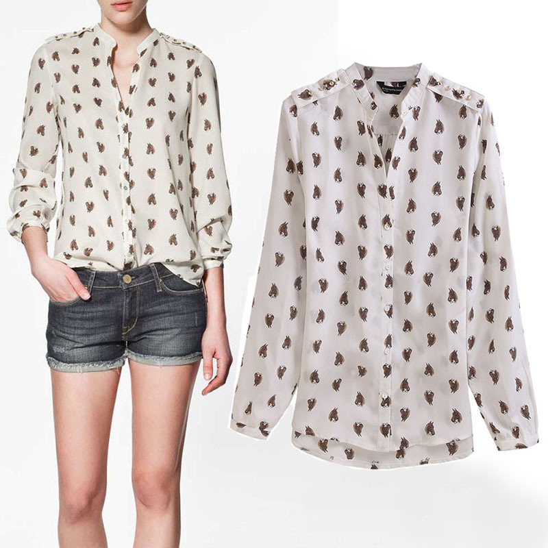 2013 Women's Fashion Blouse,Long sleeve Chiffon Shirt Horse Head Printing Elegant Casual Slim Brand Design,Free Shipping
