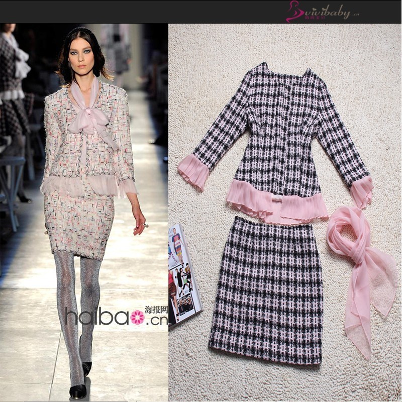2013 women's fashion classic plaid three quarter sleeve woolen skirt long-sleeve professional set